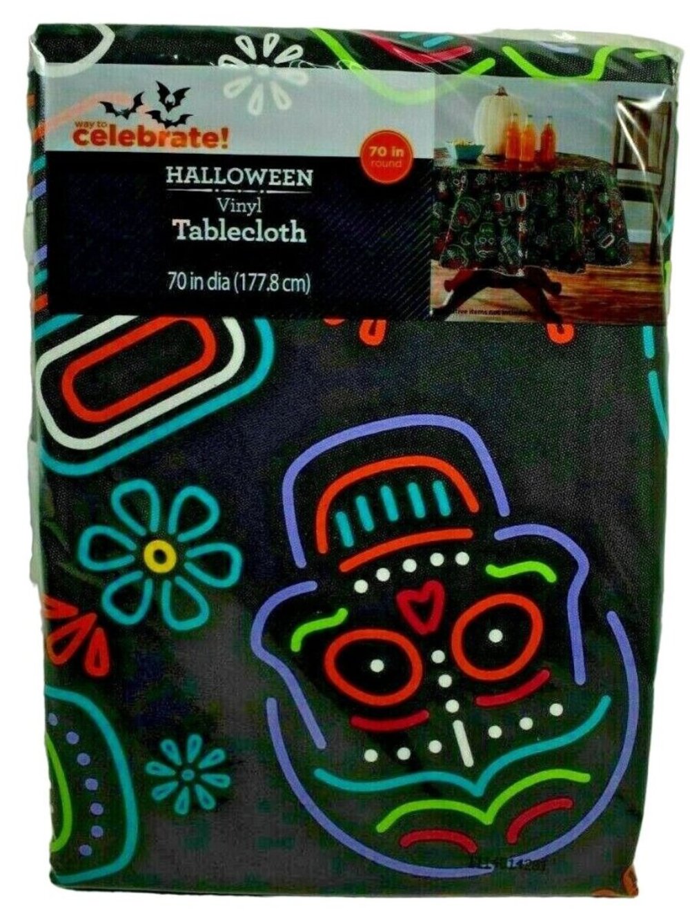 Sugar Skulls Halloween Dia de los Muertos Vinyl Tablecloth 70 Round